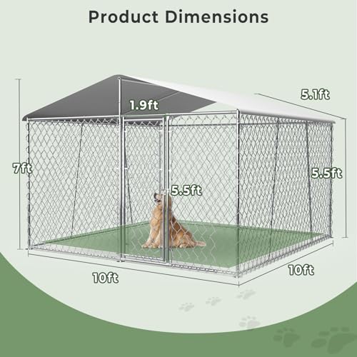 Upgraded 10×10×7FT Outdoor Dog Kennel with Roof, Large Dog House Pen Enclosure with Sidebar, Heavy Duty Chain Link Dog Kennel with Lock for Outside Backyard