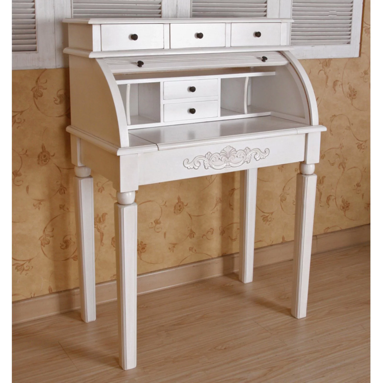 International Caravan Windsor Antique White Hand-Carved 3-Drawer Roll Top Desk
