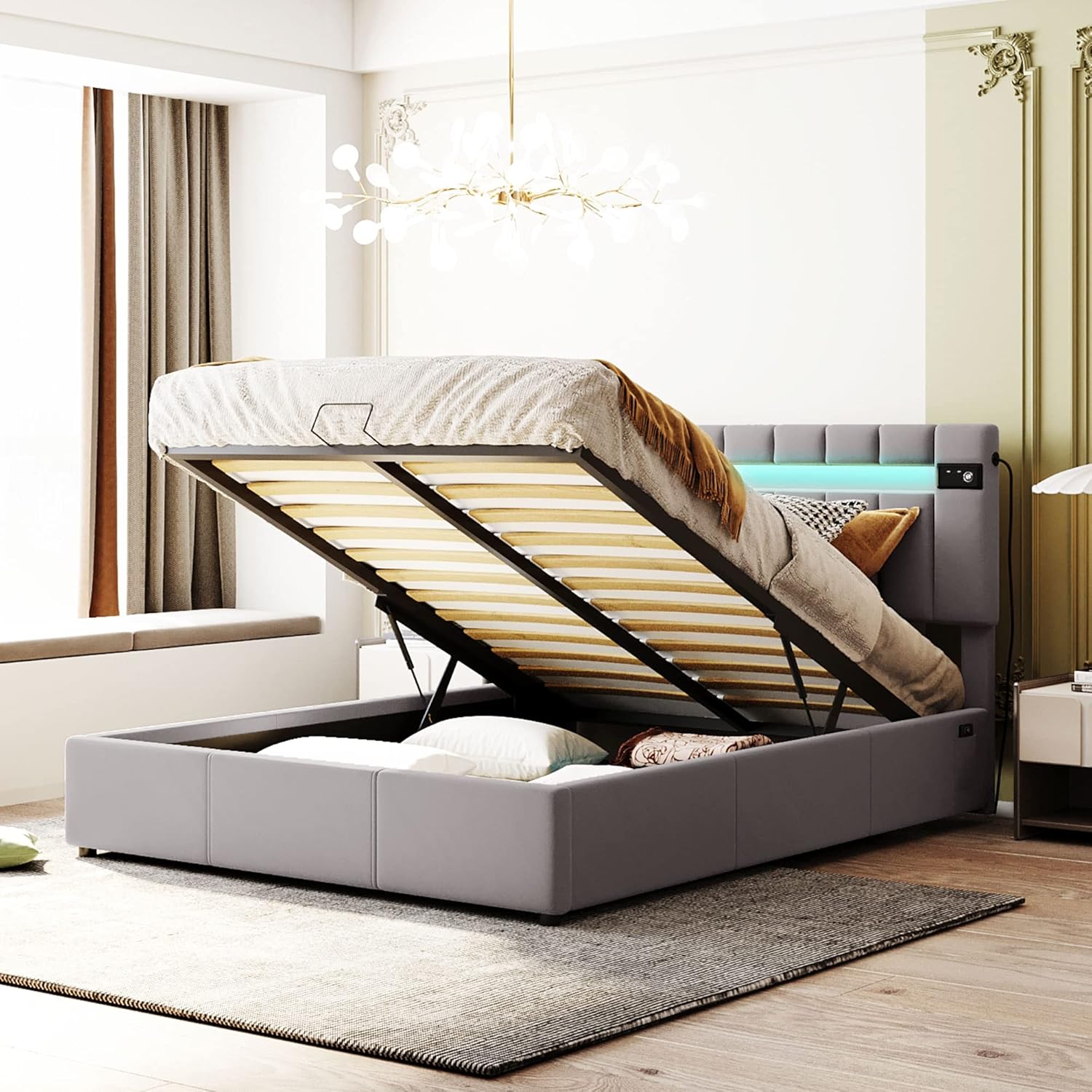 Queen Size Modern Platform Bed with Hydraulic Storage System and Headboard,Velvet Fabric Upholstered Bedframe with LED Lights,Bluetooth Player and USB Charger for Bedroom,Gray