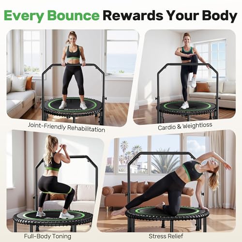 BCAN 450/550 LBS Foldable Mini Trampoline, 40"/48" Fitness Trampoline with Bungees, U Shape Adjustable Foam Handle, Stable & Quiet Exercise Rebounder for Adults Indoor/Outdoor Workout