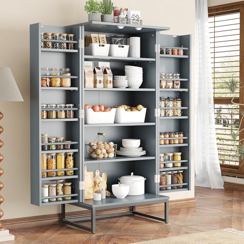 51” Pantry Cabinets, White Freestanding Kitchen Pantry Storage Cabinet with Adjustable Shelves, Buffet Cupboards Storage Cabinet for Home Office Use, White + Gold