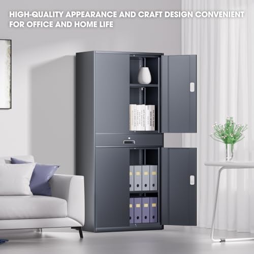 DNA MOTORING 71'' Metal Storage Cabinet, Locking Tool Cabinet with 1 Drawer and Adjustable Shelves, Lockable Heavy Duty Metal Locker for Garage,Office,Home,Gym, Gray, TOOLS-00629-GY-GY-A