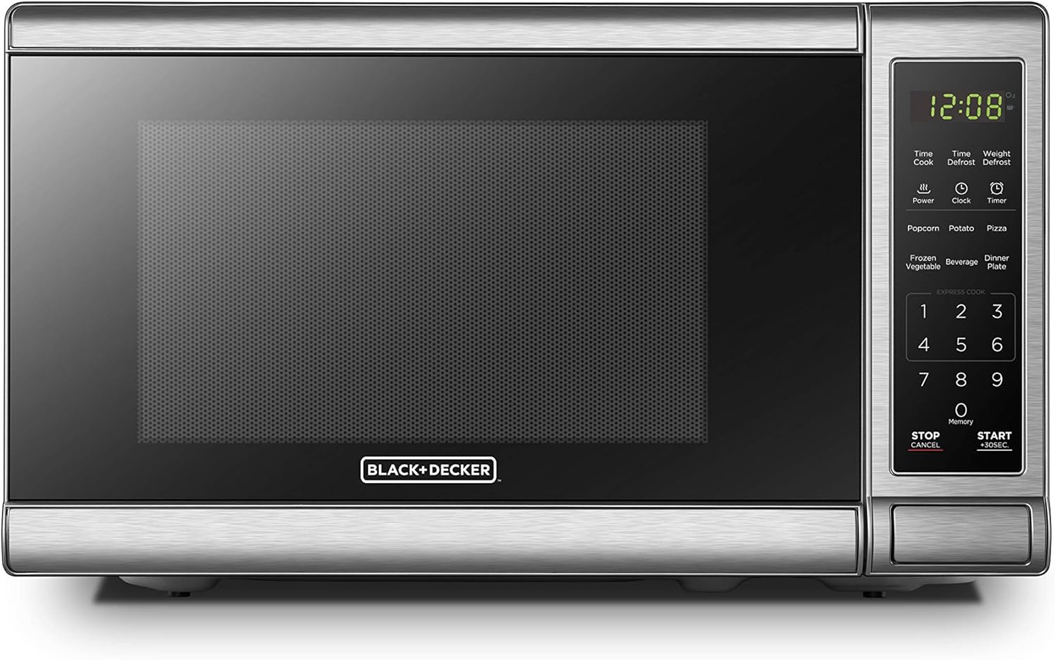 Black+Decker EM720CB7 Digital Microwave Oven with Turntable Push-Button Door, Child Safety Lock, 700W, Stainless Steel, 0.7 Cu.ft