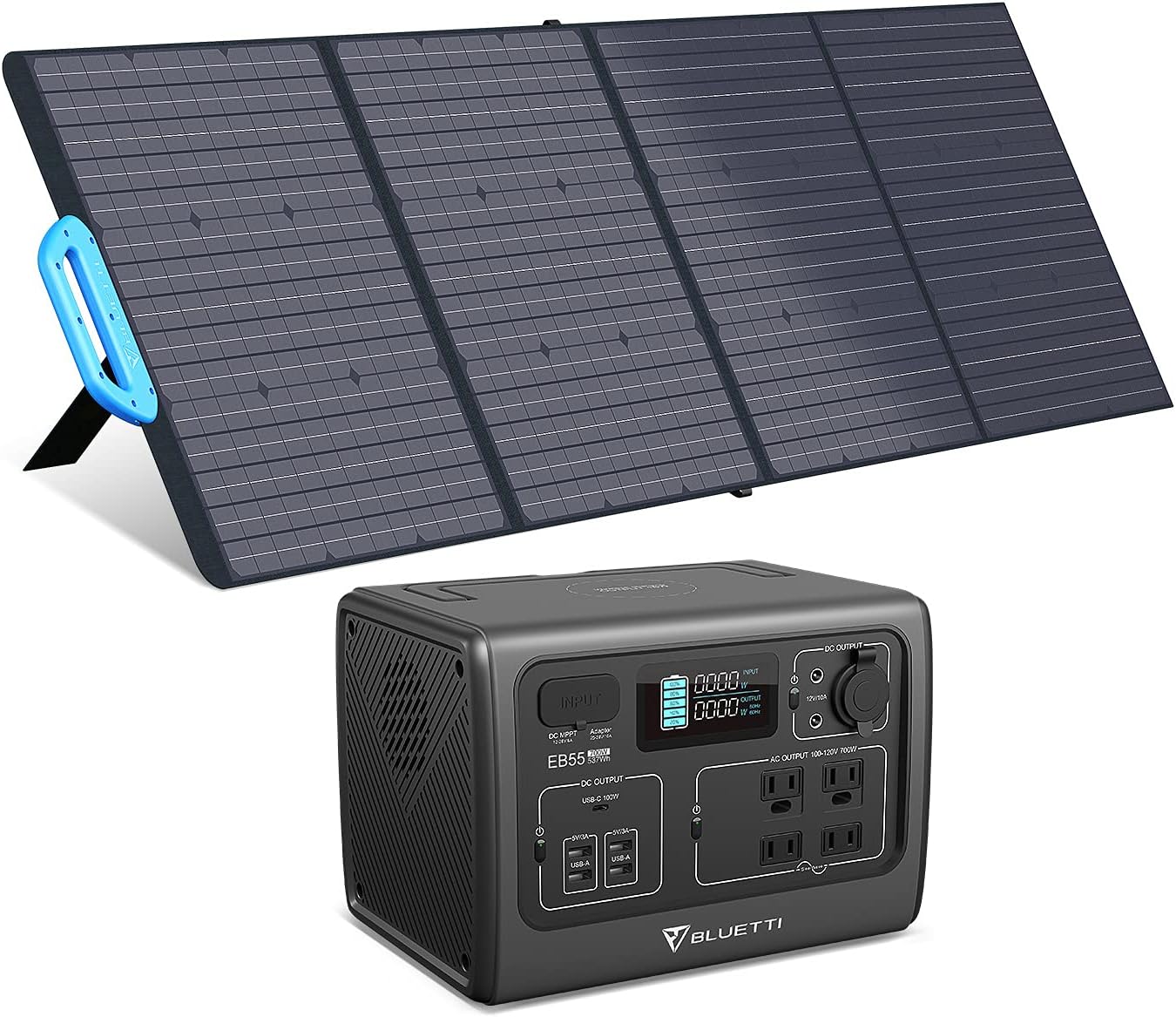 BLUETTI Solar Generator, EB55 Portable Power Station 537Wh/700W (Peak 1400W) with PV200 200W Solar Panel Included, LiFePo4 Battery Pack with 4 AC Outlets for Outdoor Camping Off-grid, Emergency