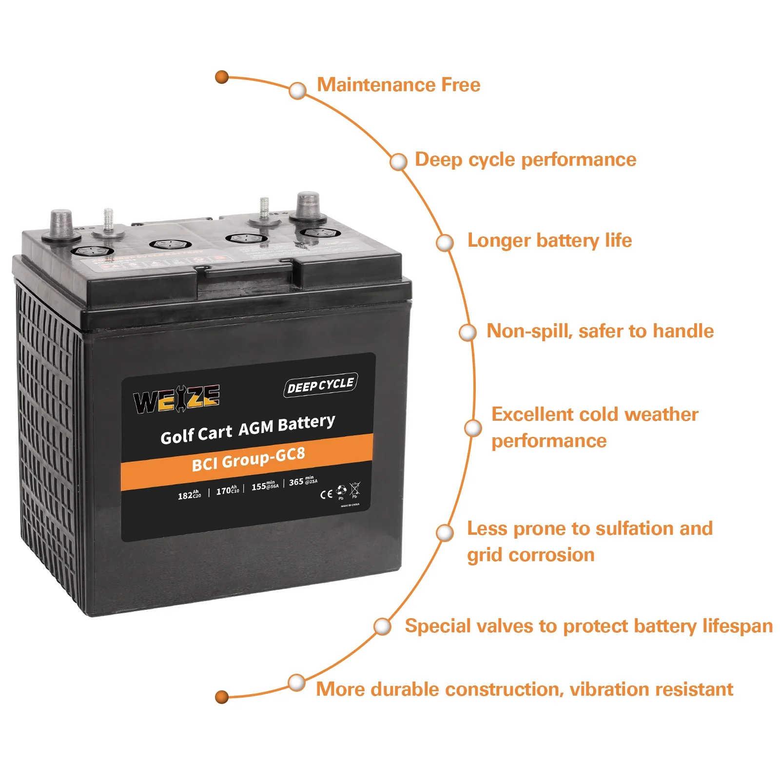 Weize Golf Cart Battery, 8V 182AH BCI Group GC8 High Capacity & Maintenance Free Deep Cycle AGM Scrubber Battery