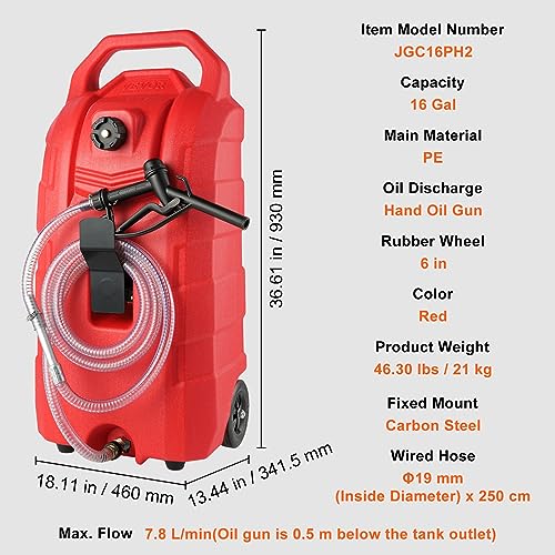 VEVOR 16 Gallon Fuel Caddy, 7.8 L/min, Portable Gas Storage Tank Container with Nozzle Rubber Wheels, Fuel Transfer Storage Tank for Gasoline Diesel Machine Oil Car Mowers Tractor Boat Motorcycle