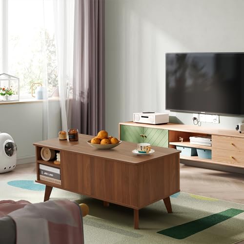 Mid-Century Modern Rectangular Wood Coffee Table with Dual Storage Shelf, Storage Center Coffee Tables with Waveform Panel Sliding Door Dining Table for Living Room Apartment(Walnut)