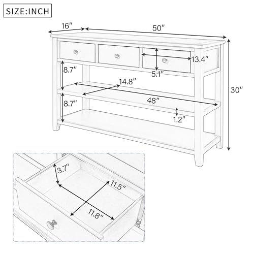 LUMISOL Retro Design Entryway Table with Storage Drawers and Shelves, Console Table with Pine Solid Wood Frame and Legs for Living Room, Espresso