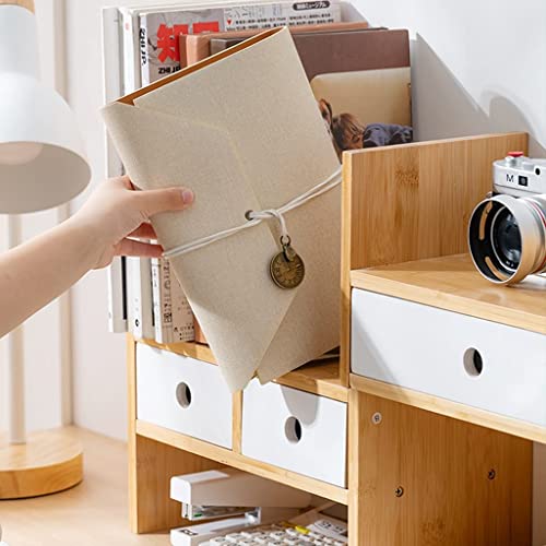 Bookcase Bamboo Desktop Bookshelf with Drawer Expandable Desk Organizer Multifunctional Display Shelf Rack for Office and Home High Capacity, 77*35cm