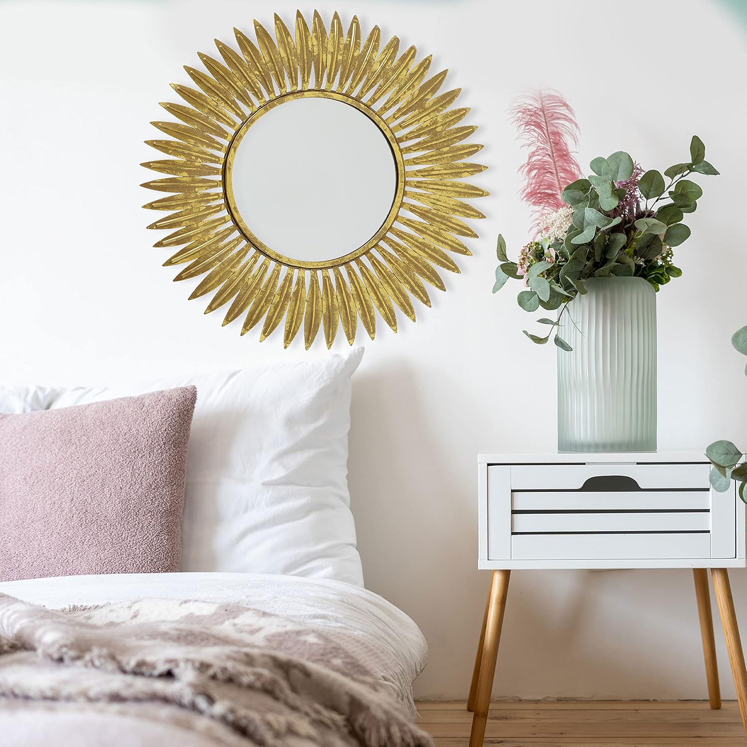 WHW Whole House Worlds Burst Accent Mirror, Brilliant Reflective Glass, Circular, Vintage Style, Golden Gilt Finish Over Metal, Layered Leaf Frame, 19.75 Inches Diameter