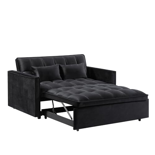 3 in 1 Convertible Sleeper Sofa Bed,Futon Loveseat Couch with Pull-Out Bed & Adjustable Backrest,Velvet Fabric Sofa with Side Pocket for Small Apartment, Living Room, Office (Black)