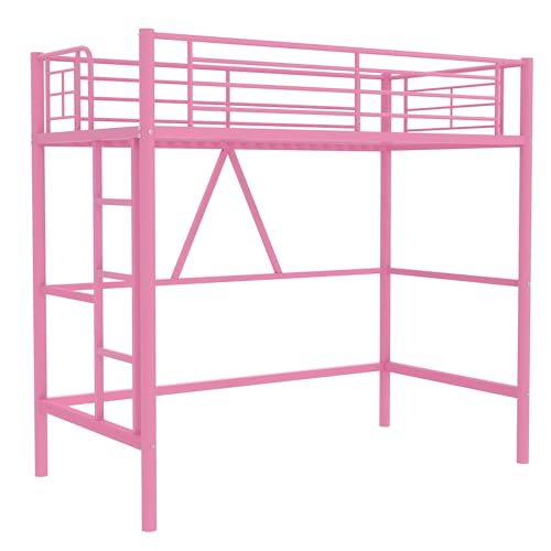 VECELO Metal Loft Bed Twin Size, Heavy Duty Bedframe with Removable Ladder and Safety Guardrail, Space-Saving, Noise Free, No Box Spring Needed, Off White