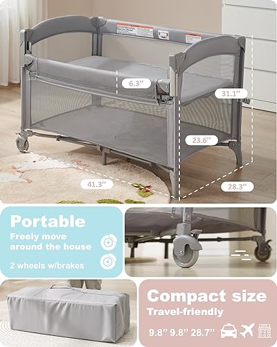 Baby 4 in 1 Bassinet Bedside Sleeper, 4 Functions Bedside Crib Sleeper, Playard, Changing Table, Baby Bassinet for Newborn Baby, Bedside Bassinet for Baby Portable Changing Table