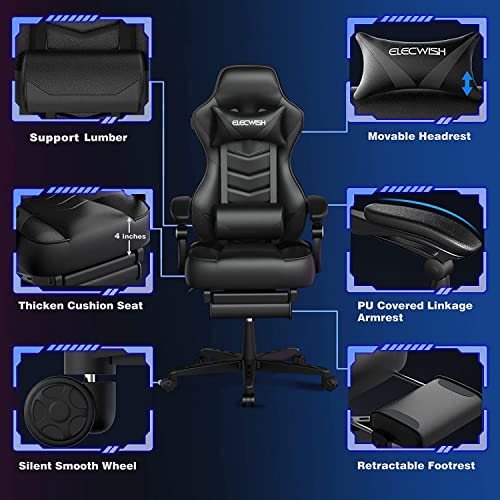 ELECWISH Computer Gaming Chair with Footrest, Ergonomic Gamer Chair for Adults, High Back Adjustable Swivel Desk Chair with Lumbar Support, PU Leather Racing Style Chair, White