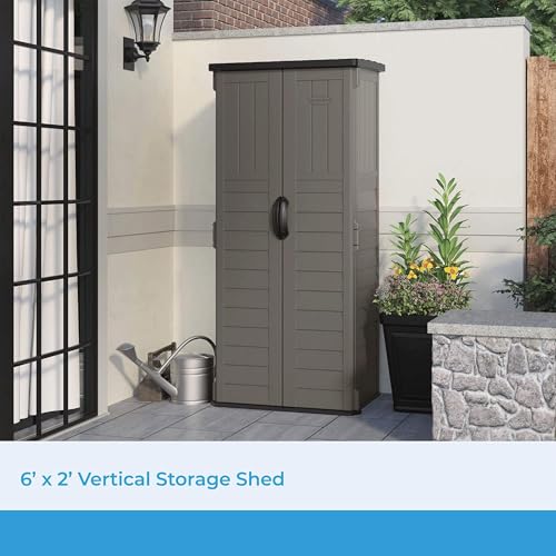 Suncast 22 Cubic Ft. Vertical Resin Outdoor Storage Shed with Lockable Double Doors, Weather-Resistant Multi-Wall Panels, Stoney