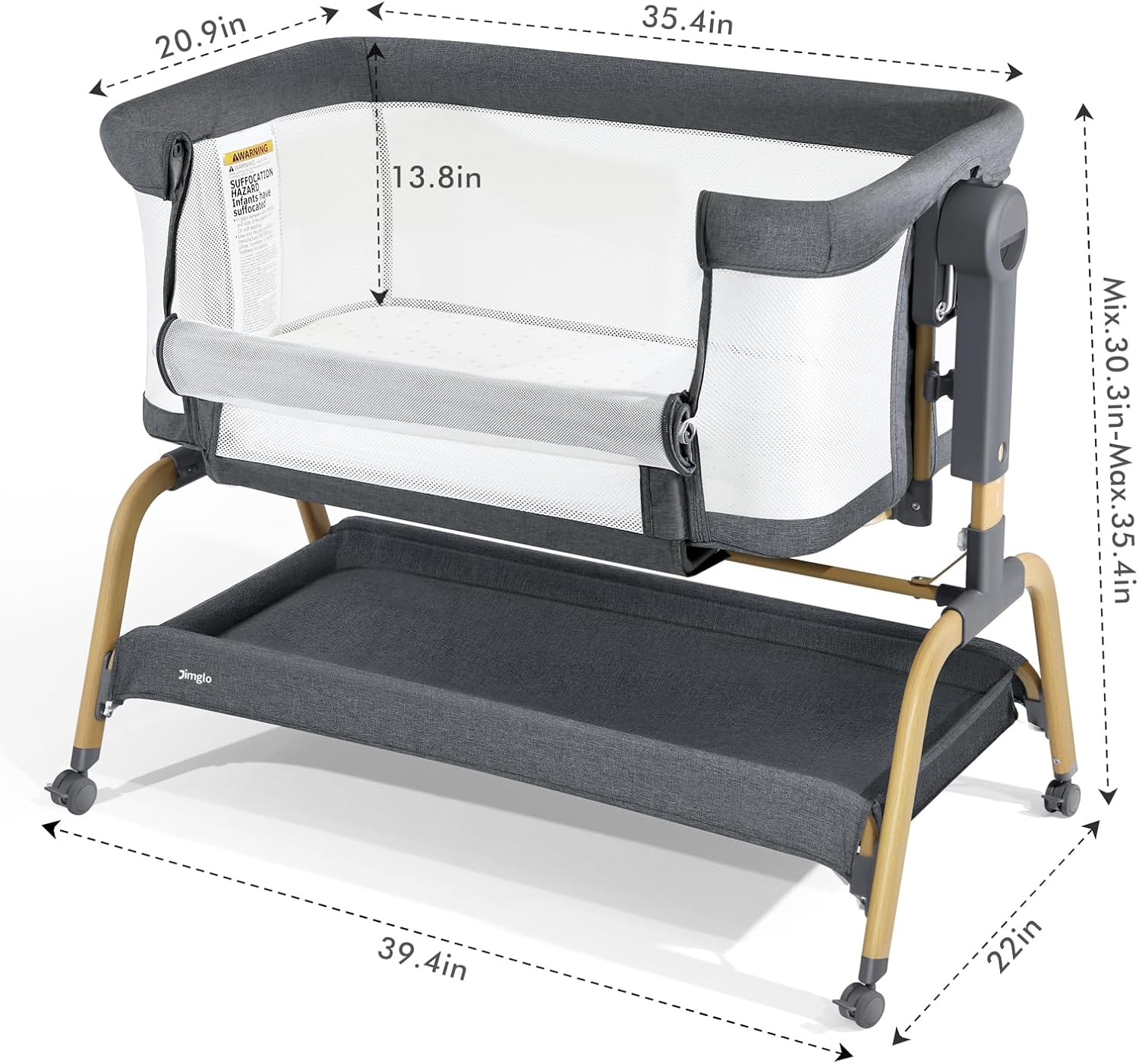 3 in 1 Baby Bassinet, Bedside Bassinet for Baby, Rocking bassinet with Storage Basket and Wheels, Adjustable Height Bassinet Bedside Sleeper, Easy Folding Portable Crib for Newborn