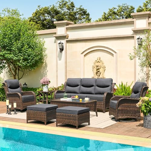 Luxury Patio Furniture Set with 6-inch Thick Cushion, Outdoor Couch and High Back Swivel Rocker Patio Chairs, 7PCS Wicker Conversation Set for Deck, Yard, and Poolside in Blue (V2)