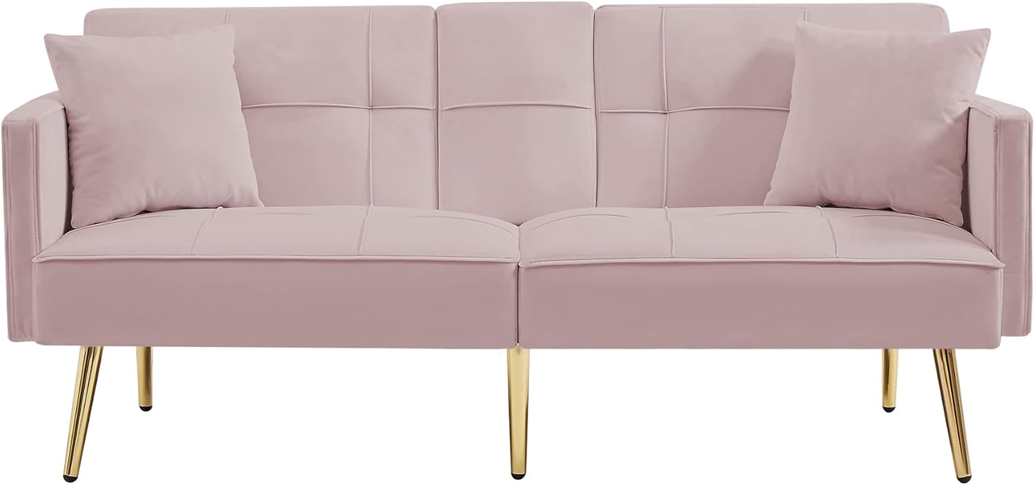 WILLIAMSPACE 69" Velvet Modern Convertible Love Seat, Futon Loveseat Sleeper Sofa Bed with 2 Cup Holders, Metal Legs for Small Living Room, Apartments - Pink