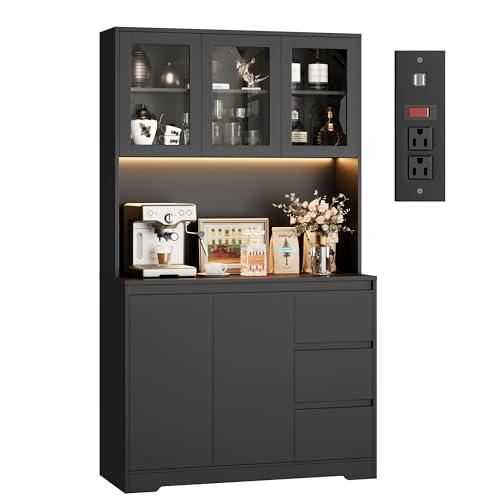 finetones 71" Kitchen Pantry Cabinet with LED Lights and Charging Station, Modern Kitchen Cabinet Hutch Cabinet with Storage and Microwave Stand, Pantry Cabinet Buffet Cabinet with Countertop, Black