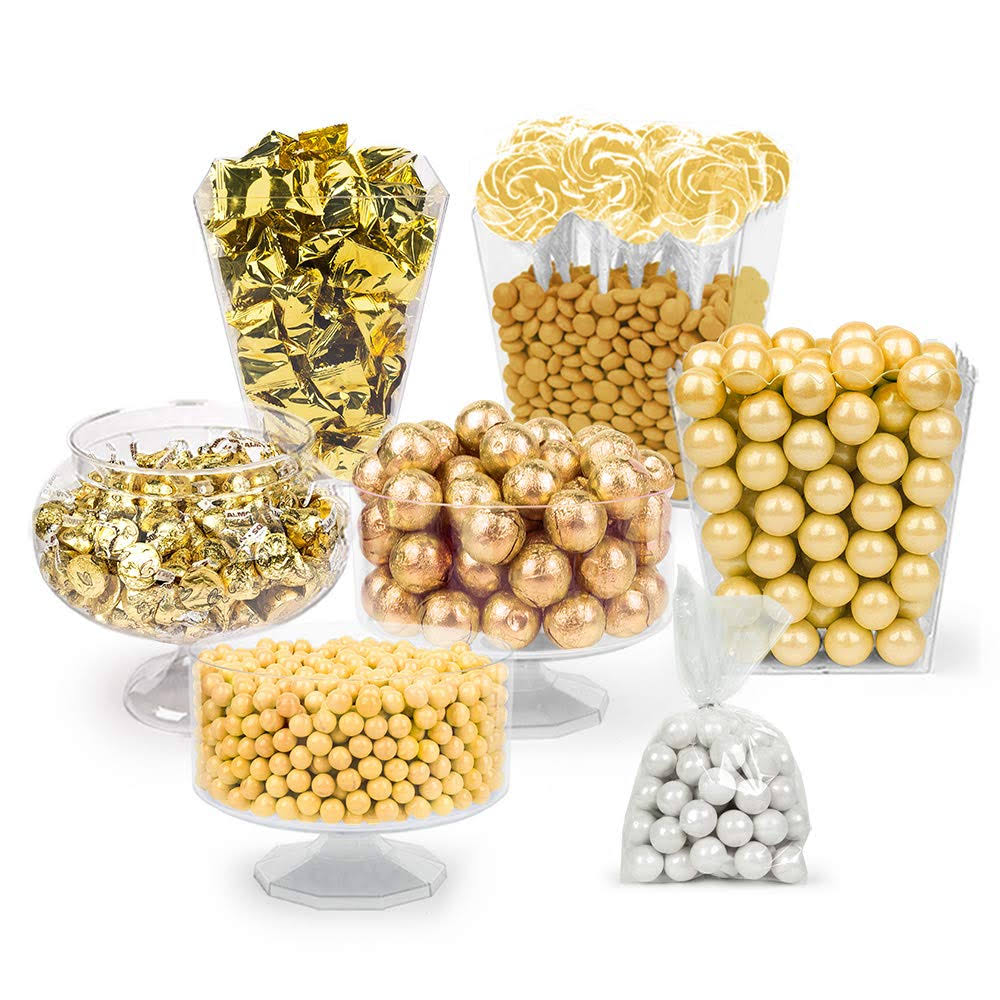 Gold Candy Buffet - (approx 14lbs) Includes Hershey&s Kisses, Sixlets,Gumballs, Dum Dum Lollipops, Frooties u0026 More