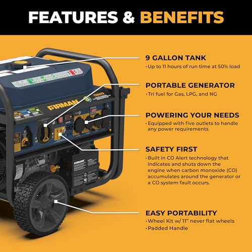 FIRMAN T09275 Tri Fuel Portable Generator, 11400W Electric Start, 120V/240V, CO Alert, 459cc Engine, 9-Gallon Tank, 11 Hrs Runtime, Wheel Kit, Ideal for Home Backup, RV, Camping & Emergency Power