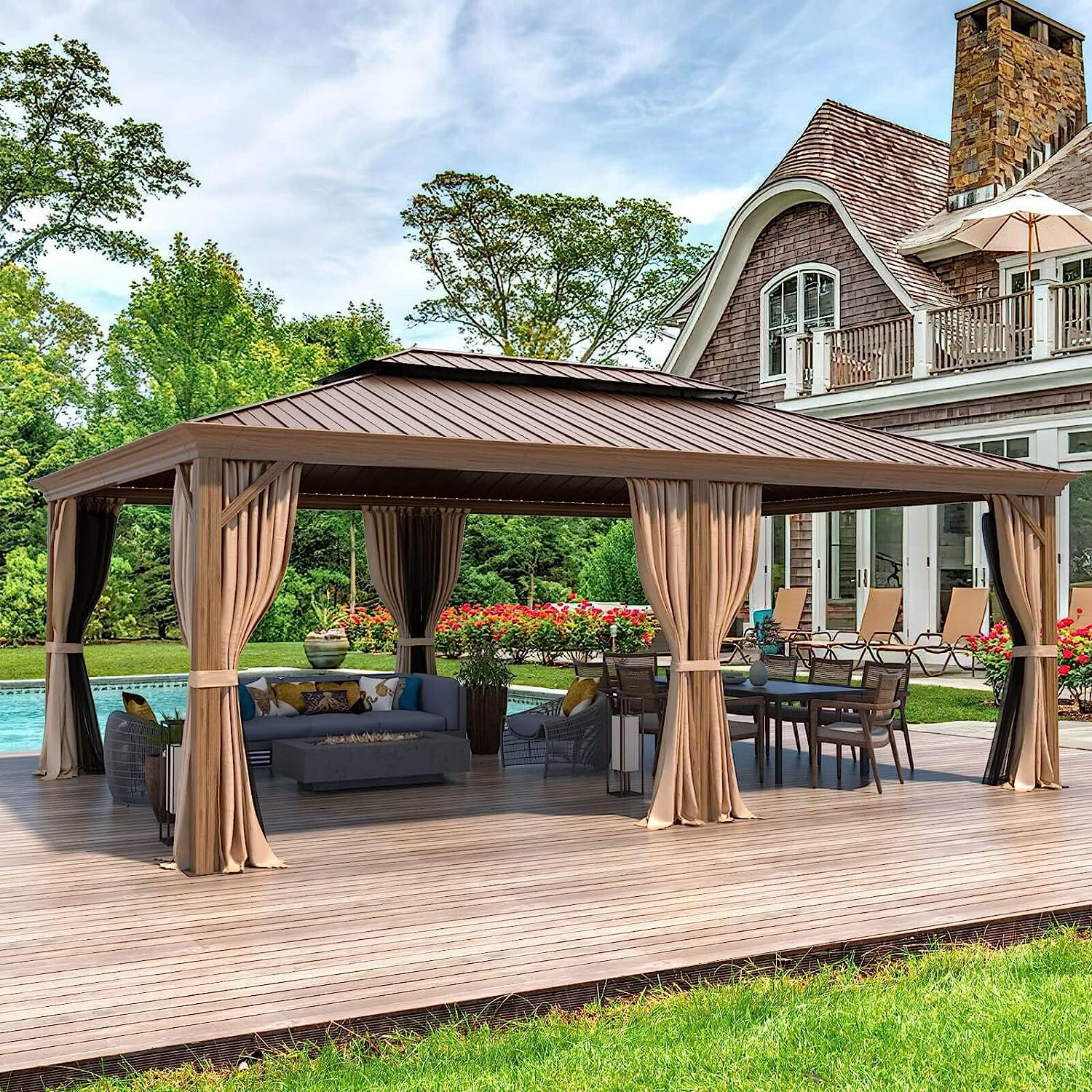 Erommy 14' x 20' Hardtop Gazebo, Wooden Finish Coated Aluminum Frame Canopy with Double Galvanized Steel Roof, Outdoor Permanent Metal Pavilion with Curtains and Nettings for Patio, Backyard and Deck