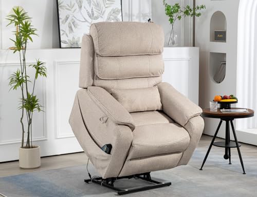 Light Grey Recliner Chair for Elderly | Tall and Big Man 400lbs | Chenille | Power Lift, Lay Flat, Stand Up, Wireless Charging Device, Extended Footrest, Massage Heat, Cup Holder, Lumbar Pillow