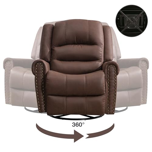 Swivel Rocker Recliner, Leather Recliner Chair with Massage & Heating Function, Manual Recliner Chair with Swivel & Rocking and Reclining, Extra Wide Recliner with Pocket and Nailhead Decor (Brown)