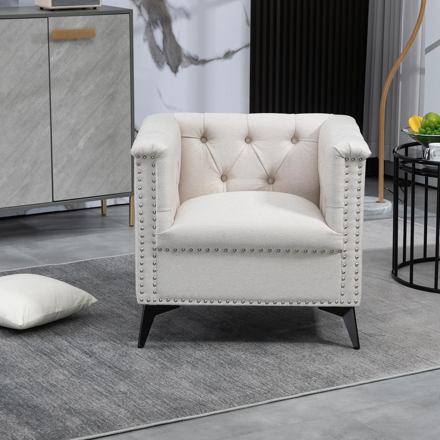 Accent Chair Living Room Chairs Single Sofa Chair,Arm Chairs with Linen Fabric, Mid Century Accent Arm Chairs Comfy Reading Lounge Club Armchair for Bedroom Office Study (Beige)