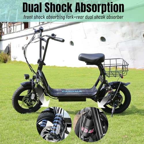 Caroma Peak 500W/800W/1200W Electric Scooter with Seat, Max 15/20/30Miles Range&20MPH, 14" Tires Foldable Adult Electric Scooter with Basket for Pets & Cargo, Dual Shock Absorbing Ebike for Commuting
