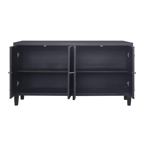 Sideboard Buffet Cabinet with Adjustable Shelves, 4 Shutter Doors, and Silver-Plated Handles, Classic Black Finish, Kitchen Storage Cabinet for Dining Room, Living Room