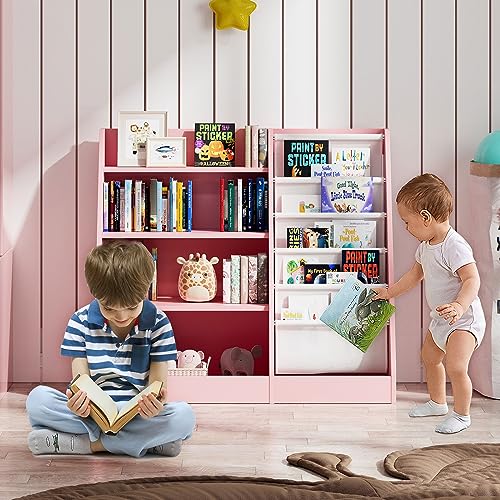 White Kids Bookshelf Wood Toy Storage Organizer Cabinet Children Bookcase Toddler Baby Sling Book Rack 3 Cube Bins Fabric Drawers for Playroom Bedroom Nursery School