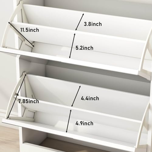 White Shoe Cabinet, Shoe Organizer Cabinet with Hanger, Slim Hidden Shoe Rack Cabinet, Freestanding Shoe Storage Cabinet with 3 Flip Drawers & 2 Sliding Drawers for Entryway, Hallway