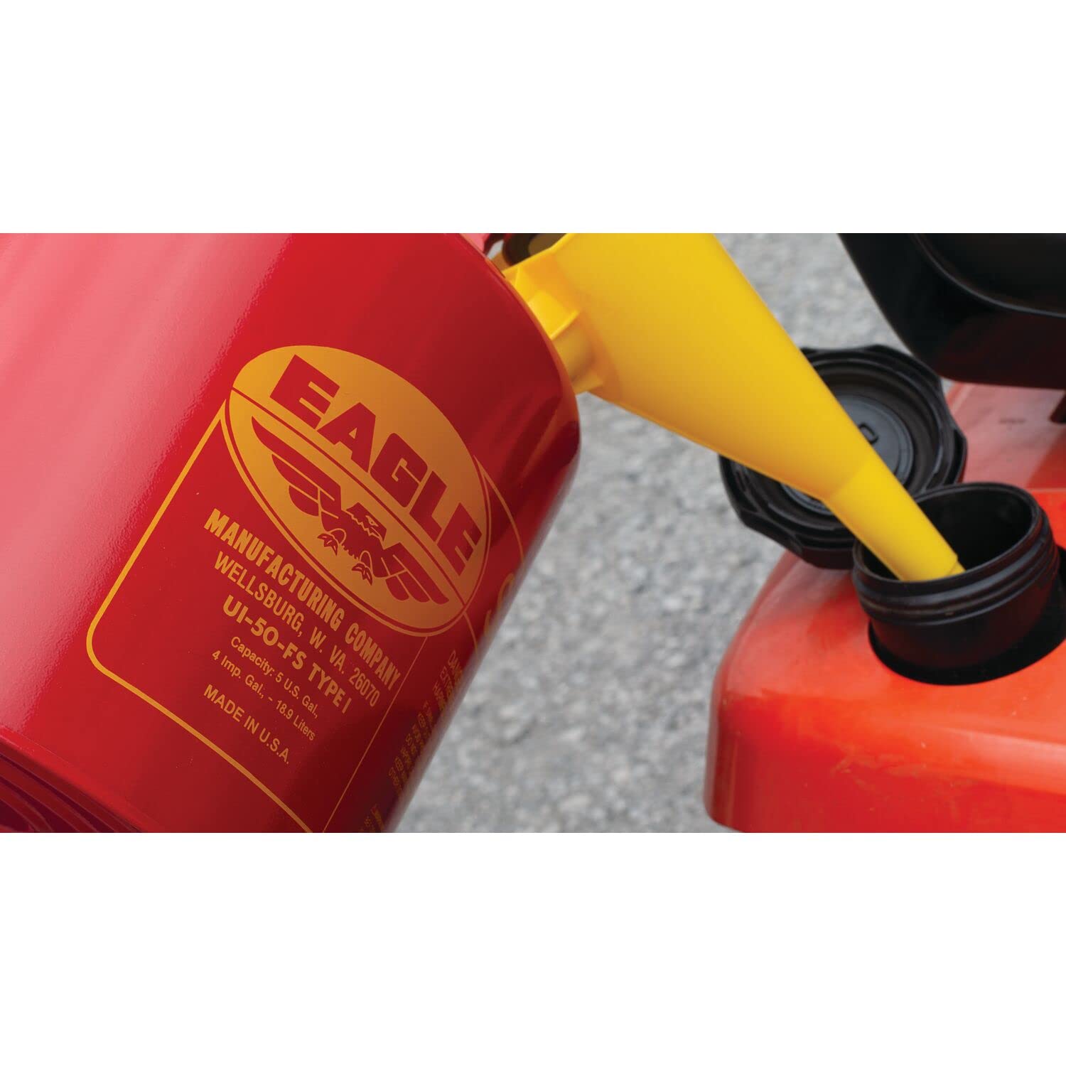 Eagle UI-50-FS Red Galvanized Steel Type I Gasoline Safety Can with Funnel, 5 gallon Capacity, 13.5" Height, 12.5" Diameter,Red/Yellow Pack of 2
