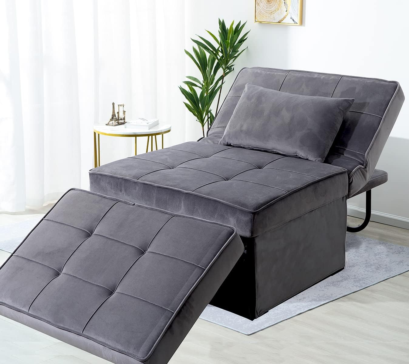Velvet Folding Ottoman Sofa Bed, Convertible Chair 4 in 1 Multi-Function Modern Breathable Velvet Sleeper Chair Bed with 5 Position Adjustable Backrest, for Living Room and Home Office Velvet Gray