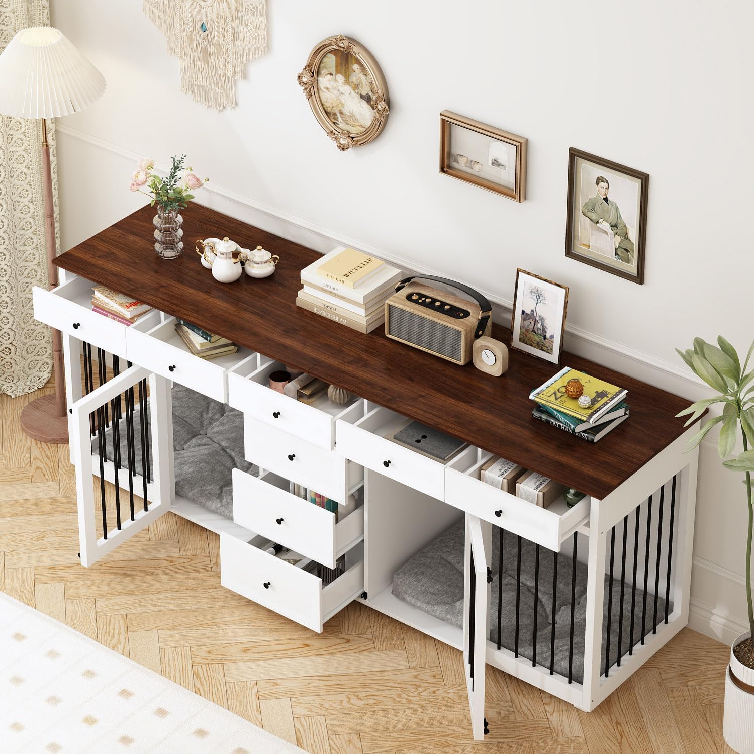 Lovinouse Large Dog Crate Furniture for 2 Dogs, 89" Heavy Duty Wooden Dog Kennel with 8 Drawers, Indoor Furniture Style Dog Kennel with Double Rooms for Large Medium Dogs, White