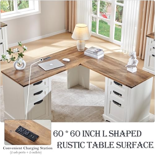 RedLemon 60" Farmhouse L Shaped Executive Desk with Drawers, Wood Home Office Corner Desk with Charging Station, File Drawer, Storage Cabinet, Rustic Computer Writing Desk (Antique White)