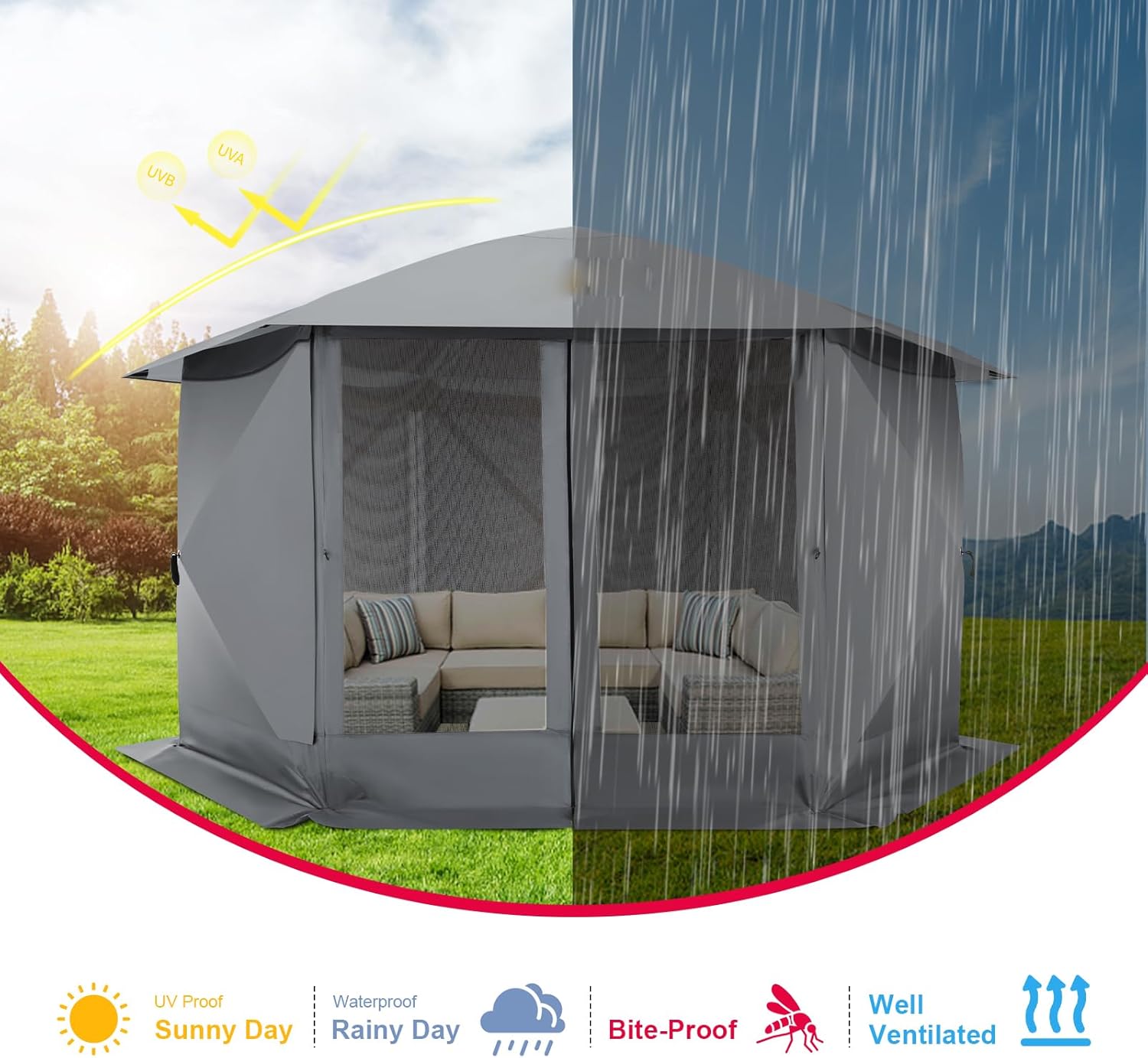 COBIZI Pop up Gazebo Screen Tent Screen House for Camping, 12x12ft Screen Room with Removable Roof, Outdoor Screened gazebo with Sidewalls, Portable Hub Tent with Carrying Bag and Ground Stakes, Grey