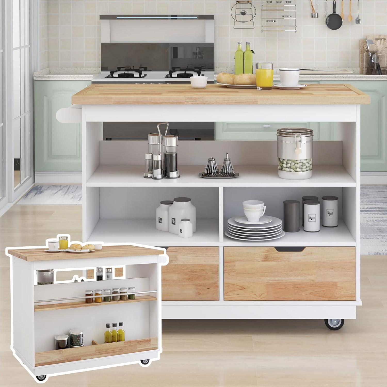 Rolling Kitchen Island with Storage, Two-Sided Kitchen Island Cart on Wheels with RubberWood Top,Wine and Spice Rack, Large Kitchen Cart with 2 Drawers, 3 Open Compartments, White