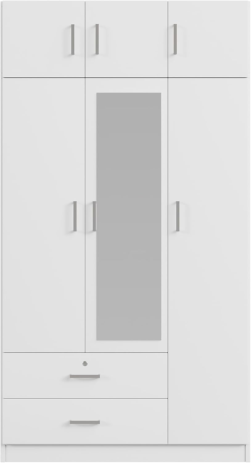 3-Door Mirror Wardrobe Closet, Bedroom Freestanding Storage Armoire Organizer with 2 Drawers and Top Cabinet, 41.30" L x 19.50" W x 81.10" H, White