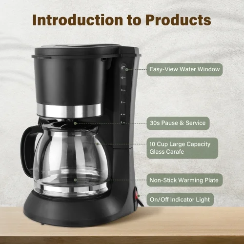 Drip Coffee Maker 10 Cup, Anti-Drip Coffee Machine, Auto Shut Off, Water Level Window, Warm Plate Coffee Pots, with Washable Permanent Filter