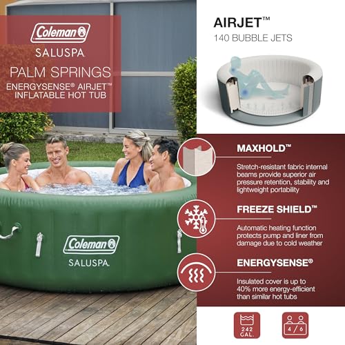 Bestway Coleman Palm Springs 4 to 6 Person EnergySense Smart AirJet Plus Inflatable Hot Tub Outdoor Spa with 140 AirJets and Insulated Cover