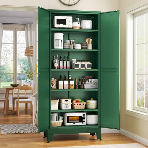75.2" Tall Metal Pantry Cabinet, Storage Cabinets with 4 Door and 4 Adjustable Shelves, Black Kitchen Pantry Storage Cabinet, Freestanding Cupboard for Kitchen Dining Room Living Room Bathroom