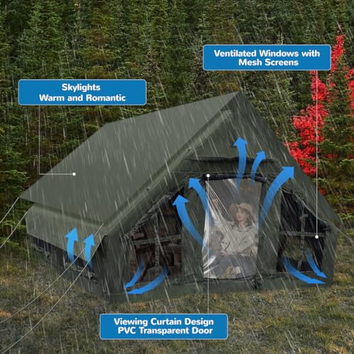 Inflatable Camping Tent with Pump & Detachable Waterproof Canopy - Quick Setup Glamping Shelter with Mesh Windows, Transparent PVC Door Curtains & Skylight for Luxurious Outdoor Adventures