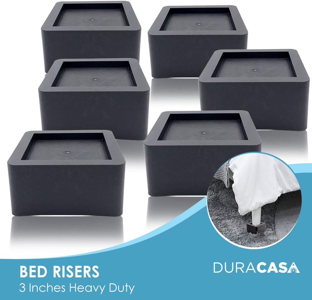 DuraCasa 3 Inch Bed Risers - Fits Huge 5.5 Inch Bed or Furniture Post, Creates an Additional 3 Inches of Height or Storage! Heavy-Duty Table, Chair, Desk or Sofa Riser (4, 3 Inch Black)