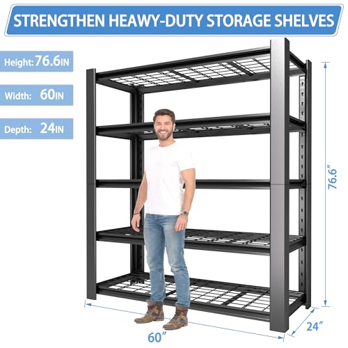 5-Tier Heavy Duty Garage Shelving Unit with Wire Shelves,3000 LBS Capacity Metal Storage Rack 76"H x 60"W x 24"D,Adjustable Boltless Steel Shelves for Garage,Basement,Pantry,Warehouse.1 Pack