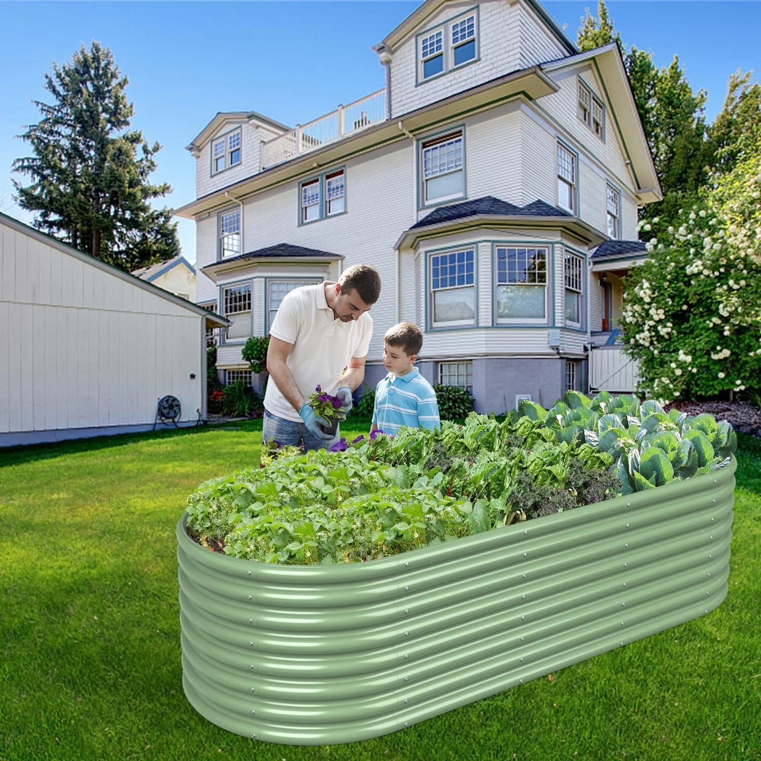 OGKBIR 8x3x2FT Galvanized Metal Raised Garden Bed for Vegetables, Outdoor Garden Raised Planter Box, Backyard Patio Planter Raised Beds for Flowers, Herbs, Fruits (Light Green)