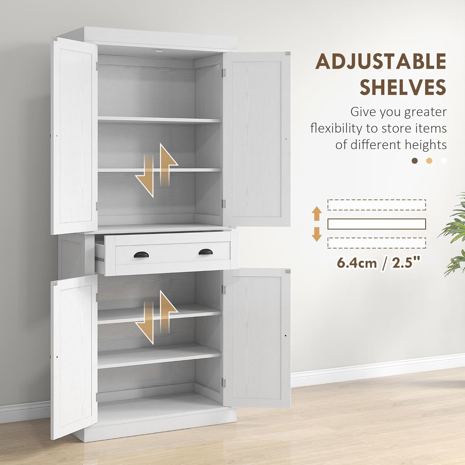 72.5" Height Kitchen Pantry Cabinet, Farmhouse Freestanding Storage Cupboard with 4 Doors, One Drawer, 3 Adjustable Shelves, Hutch Bar Cabinet for Dining Room, Bathroom, Kitchen