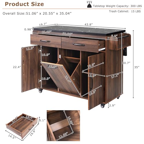 Kitchen Island With Large Drop Leaf, Rolling Kitchen Island On Wheels With Adjustable Shelf, Wood Kitchen Cart With Trash Can Storage Cabinet, Spice Rack, Towel Rack And Two Drawers (Walnut Brown-03)