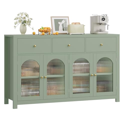 FINETONES Buffet Cabinet with Storage, 55.1" Large Sideboard Buffet Farmhouse Kitchen Cabinet with 3 Drawers and 4 Doors, Wood Coffee Bar for Kitchen, Black